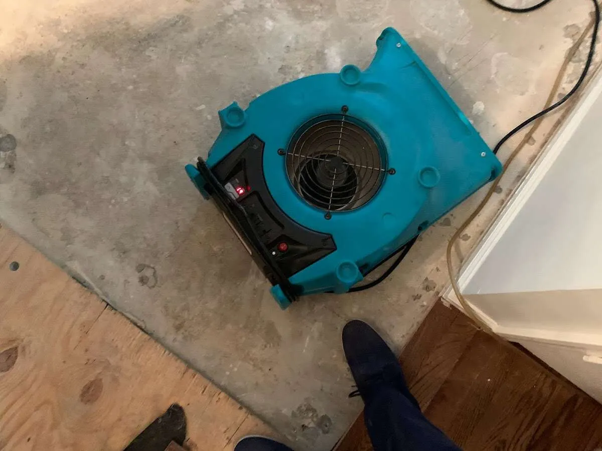Air mover drying subfloor during Commercial Water Damage Restoration in Surf City